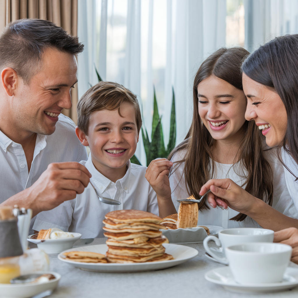 A cheerful family gathered around a breakfast table, enjoying a meal of sourdough discard pancakes, with smiles and laughter.