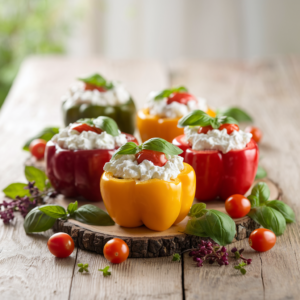 A beautifully styled image of colorful bell peppers stuffed with creamy cottage cheese, cherry tomatoes, and fresh basil, placed on a rustic wooden table. The peppers are arranged artistically to showcase their vibrant colors and textures, with some fresh herbs and cherry tomatoes scattered around for added visual appeal. The background is softly blurred to keep the focus on the peppers, creating an inviting and fresh look.