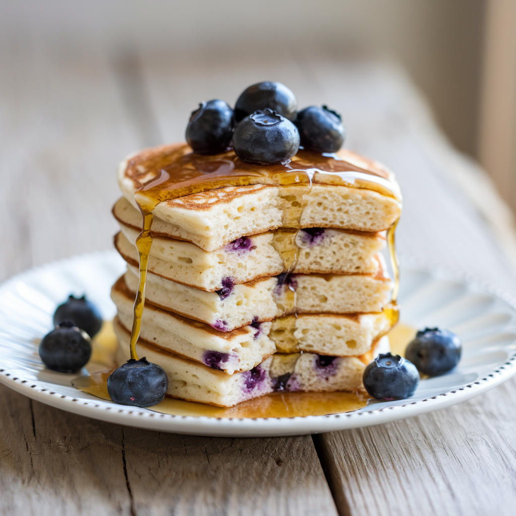 A beautifully plated stack of fluffy cottage cheese pancakes topped with fresh blueberries and drizzled with maple syrup. The setting features a rustic wooden table with a soft, natural light illuminating the pancakes, creating a warm and inviting breakfast atmosphere.