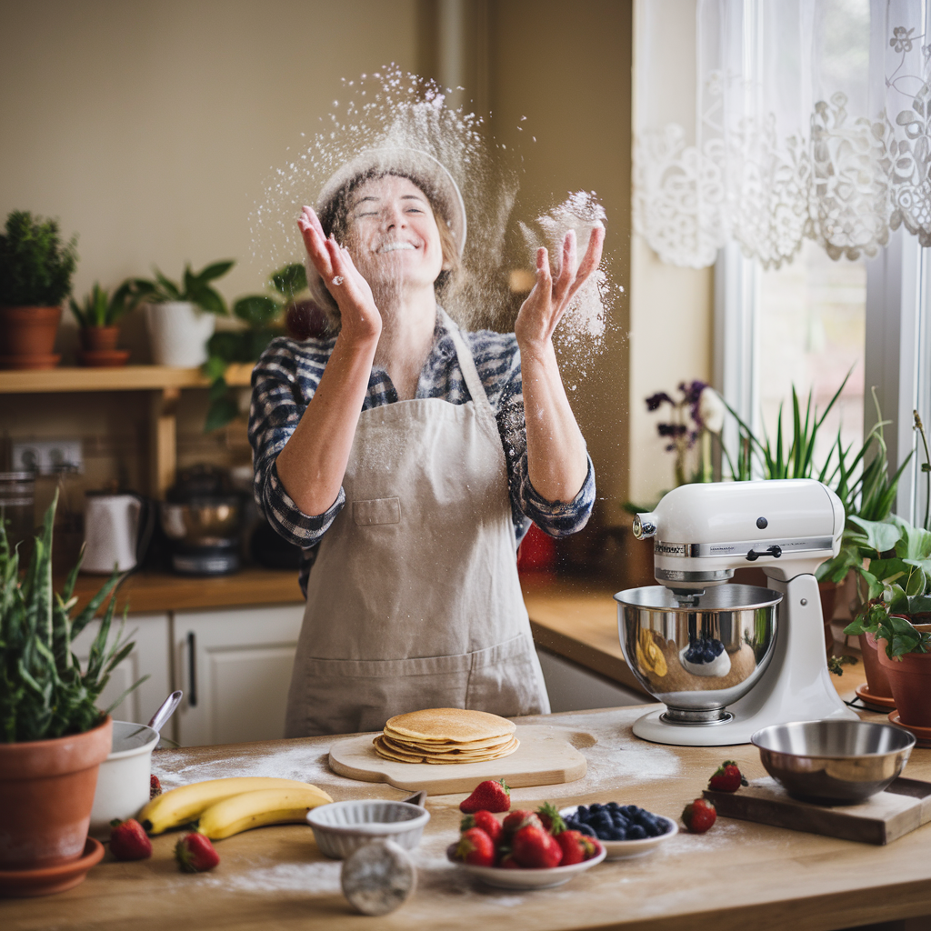 A cozy kitchen scene with a baker playfully tossing flour in the air while preparing sourdough pancakes, surrounded by fresh ingredients and a warm atmosphere.