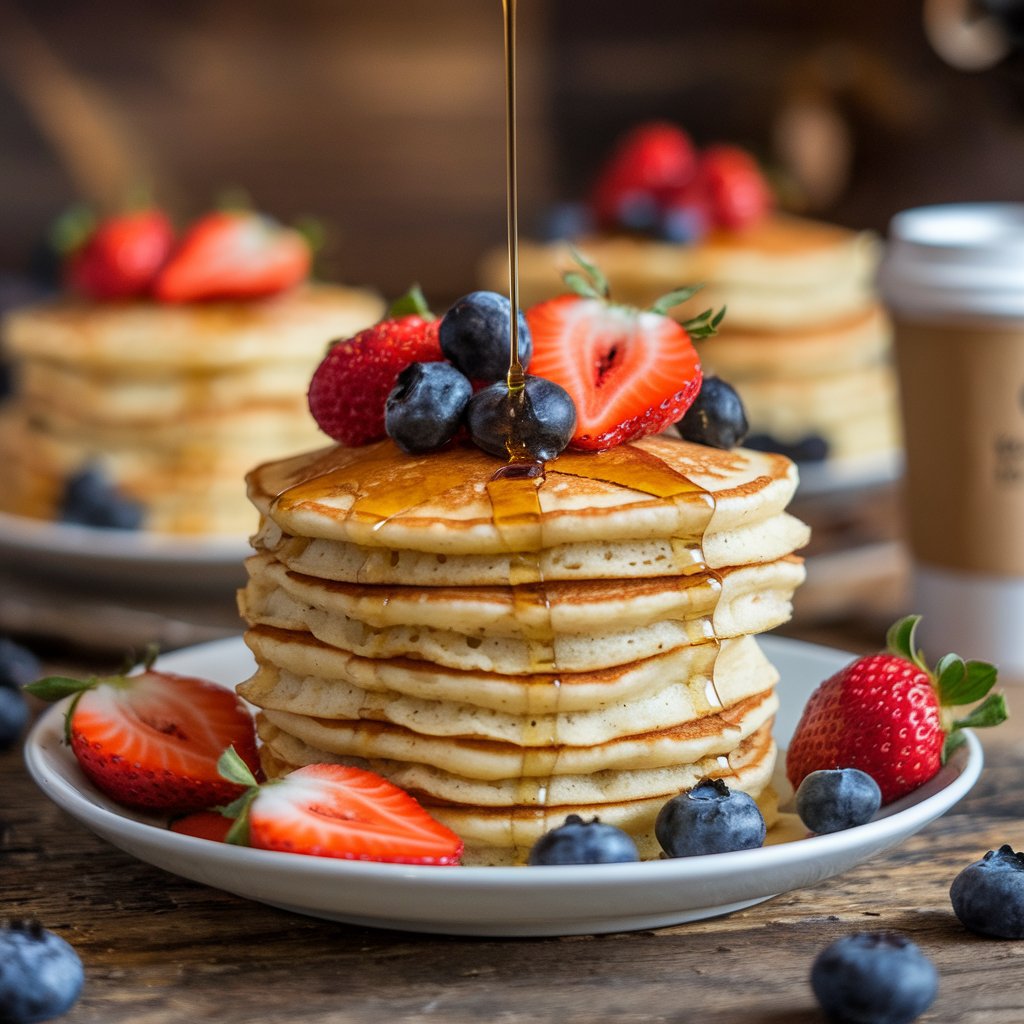 A flat lay of fluffy sourdough discard pancakes stacked high, topped with fresh strawberries and blueberries, drizzled with maple syrup, on a rustic wooden table.