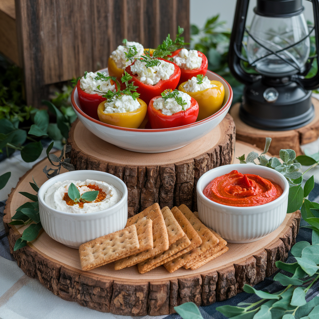 A beautifully styled table setting featuring an array of Charming Cottage Cheese Peppers, garnished with fresh herbs, served alongside healthy dips and whole grain crackers, creating a festive and inviting dining experience.