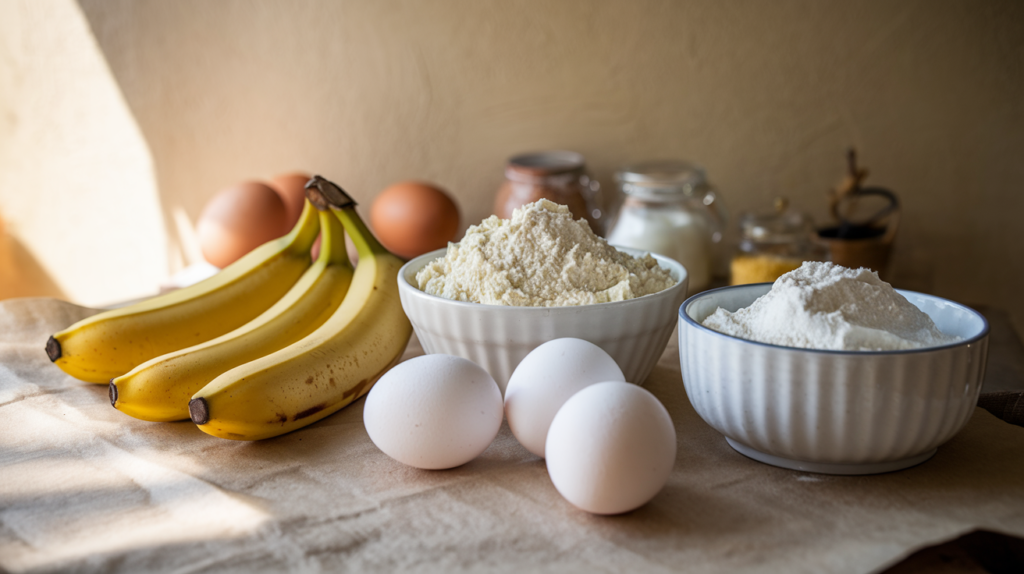 A photo of a rustic setup of ingredients: ripe bananas, cottage cheese, eggs, and flour, laid out on a wooden surface. The background is a wooden cabinet. Soft, natural light is illuminating the scene, creating a warm and inviting atmosphere.