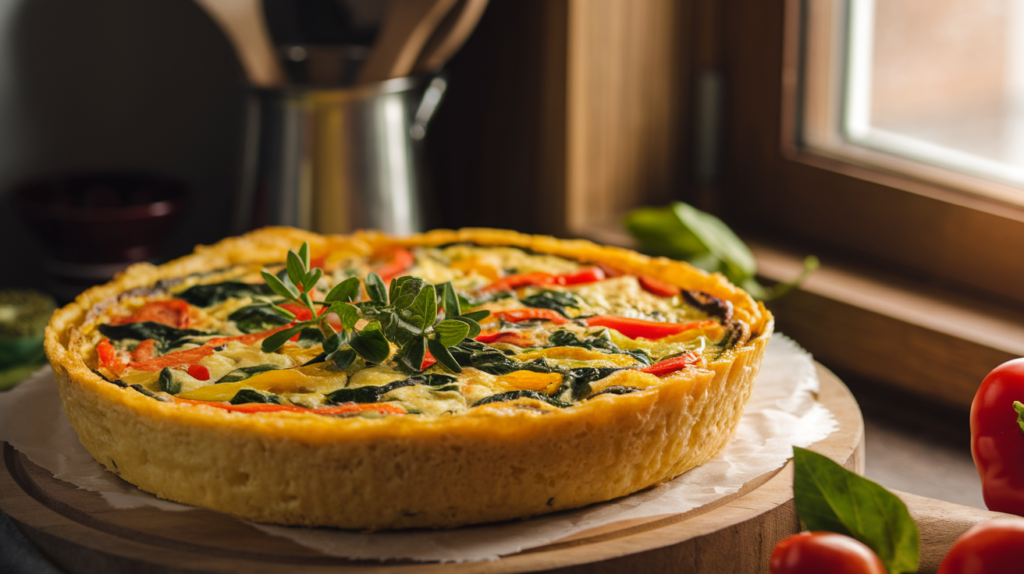 A fluffy golden frittata filled with colorful vegetables like bell peppers, spinach, and tomatoes, topped with fresh herbs, in a rustic kitchen setting with a cozy, warm morning light shining through a window.