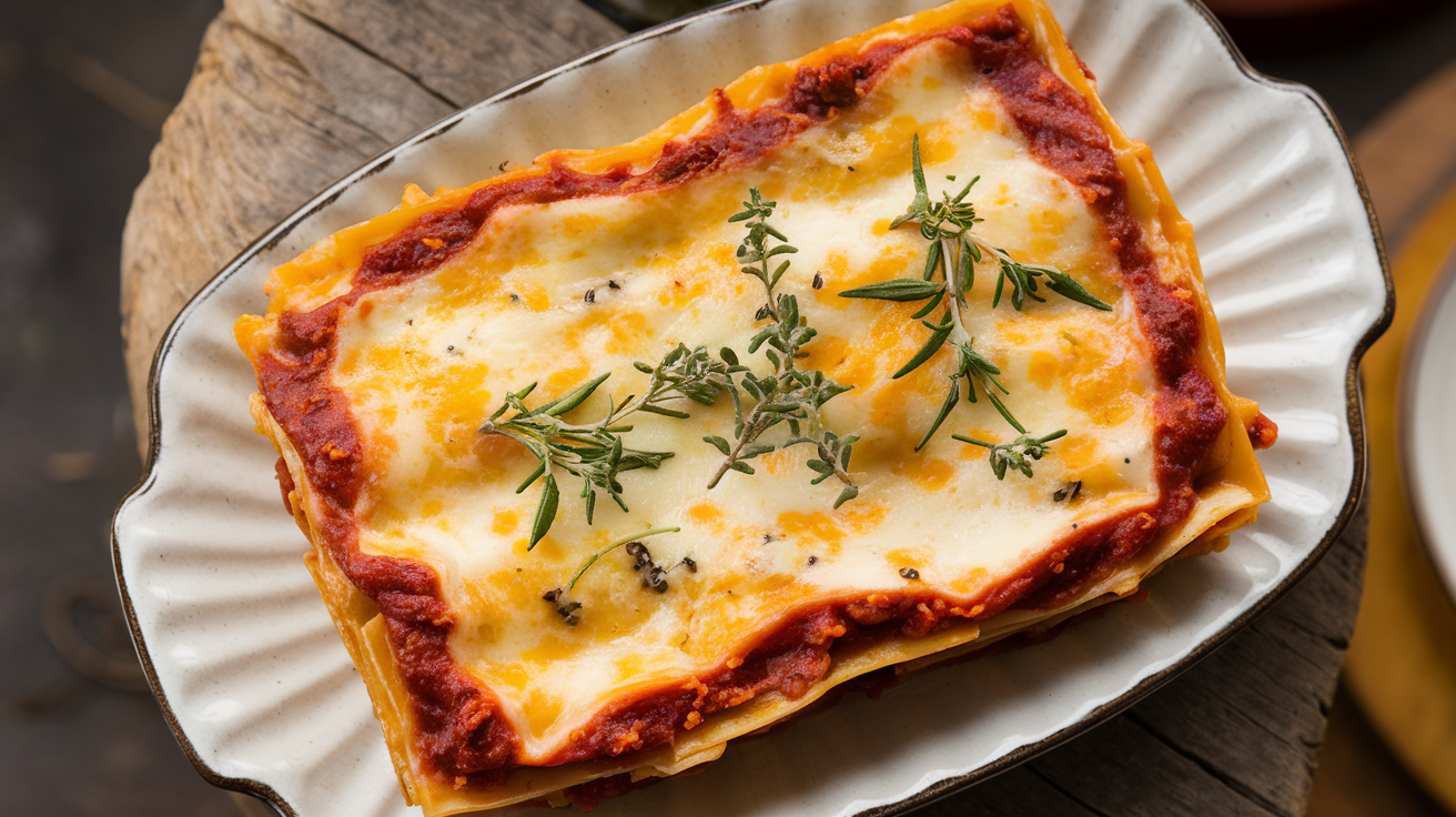 Create an appetizing overhead shot of a cheesy, golden-brown lasagna with cottage cheese layers, garnished with fresh herbs. The lasagna is served on a white ceramic plate with a rustic wooden table background.