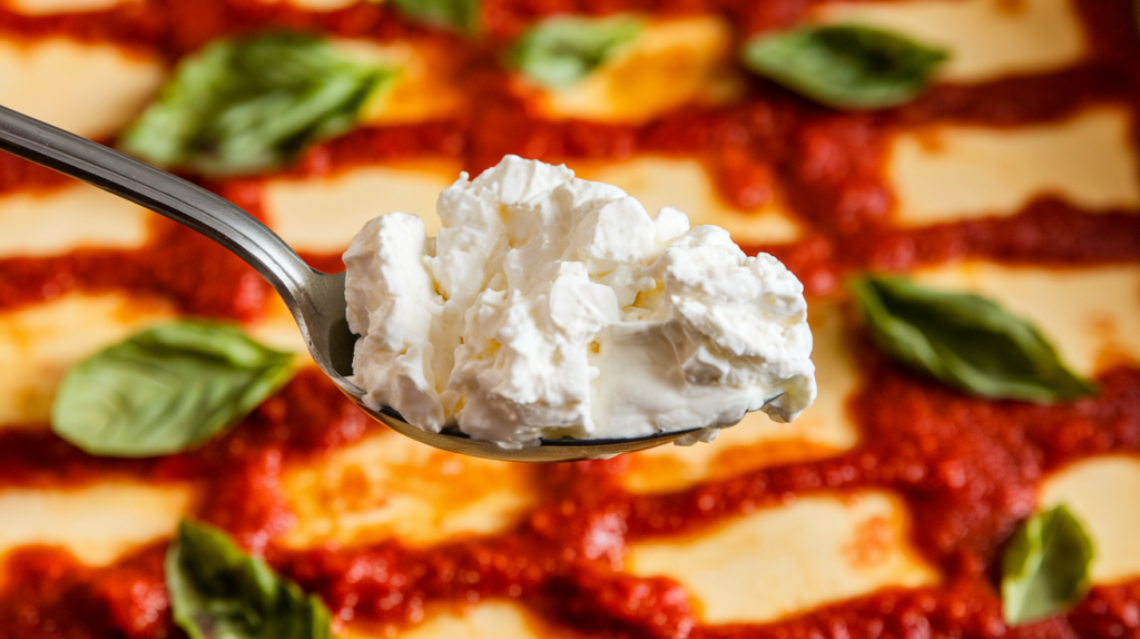 A close-up of a spoonful of cottage cheese being spread over lasagna noodles, with layers of marinara sauce and fresh basil peeking out in the background.