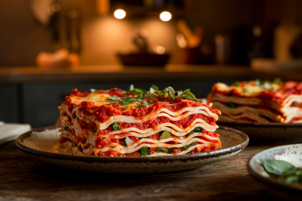 A photo of a cozy dinner setting with a plate of cottage cheese lasagna. The lasagna has layers of whole-grain noodles, marinara sauce, and vegetables. It is garnished with fresh herbs and served on a rustic ceramic plate. The background is a dimly lit kitchen with warm tones. The image evokes a sense of comfort and satisfaction from a healthy, home-cooked meal.