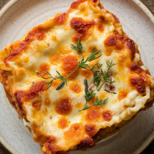 Create an appetizing overhead shot of a cheesy, golden-brown lasagna with cottage cheese layers, garnished with fresh herbs. The lasagna is served on a white ceramic plate with a rustic wooden table background.