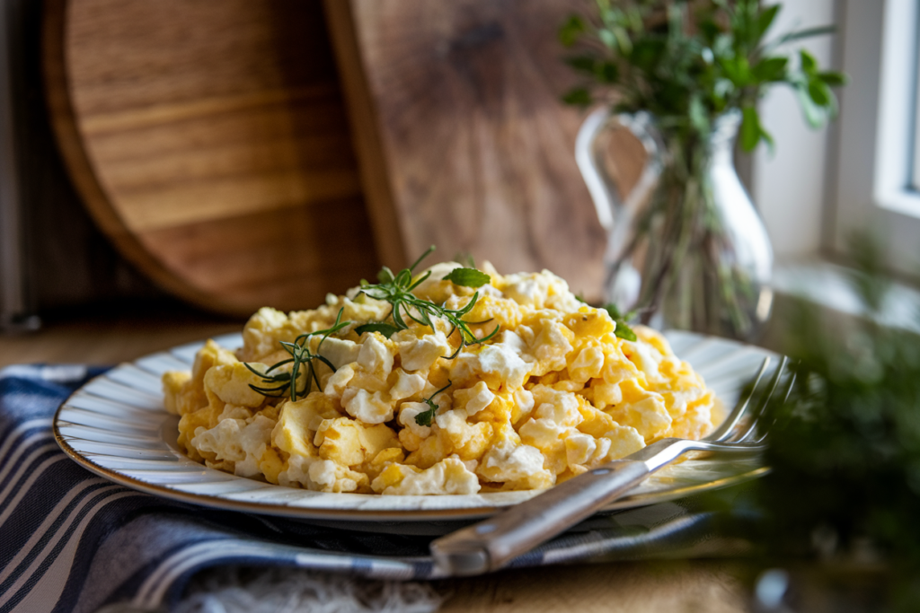 DROOL-WORTHY, FLUFFY Cottage Cheese Scrambled Eggs, bathed in warm window light, showcasing creamy, soft curds mingling with golden, gently scrambled eggs, creating a luscious texture that invites a bite. Set on a cozy kitchen counter adorned with a rustic wooden cutting board and a small vase of fresh herbs, enhancing the homey feel. The eggs are perfectly imperfect, with a few herbs sprinkled on top, and a close-up reveals the inviting, slightly runny center. A fork is casually resting nearby, with a bite taken out to showcase the delightful layers and creamy goodness.