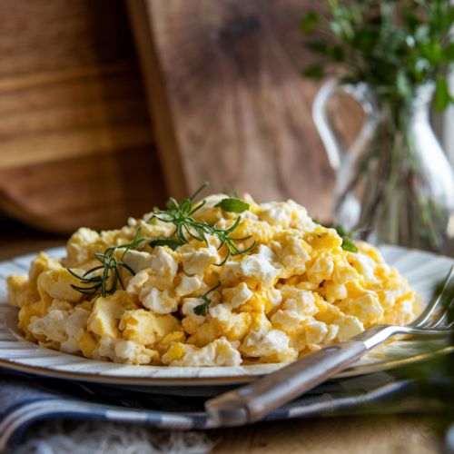 DROOL-WORTHY, FLUFFY Cottage Cheese Scrambled Eggs, bathed in warm window light, showcasing creamy, soft curds mingling with golden, gently scrambled eggs, creating a luscious texture that invites a bite. Set on a cozy kitchen counter adorned with a rustic wooden cutting board and a small vase of fresh herbs, enhancing the homey feel. The eggs are perfectly imperfect, with a few herbs sprinkled on top, and a close-up reveals the inviting, slightly runny center. A fork is casually resting nearby, with a bite taken out to showcase the delightful layers and creamy goodness.