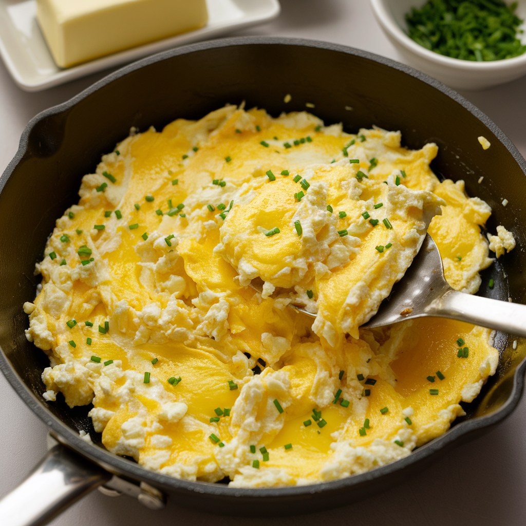 A top-down shot of scrambled eggs cooking in a small non-stick skillet. The eggs are soft and creamy with bits of cottage cheese visible. A spatula is gently folding the eggs. The background shows a butter dish and chopped chives ready for garnish