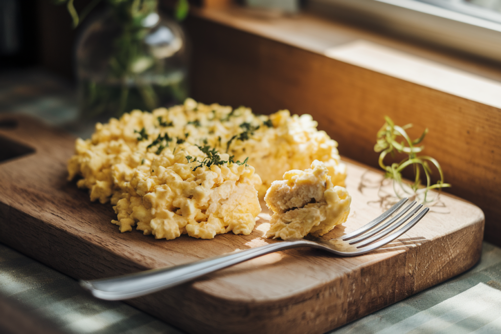 Cottage Cheese Scrambled Eggs, bathed in warm window light, showcasing creamy, soft curds mingling with golden, gently scrambled eggs, creating a luscious texture that invites a bite. Set on a cozy kitchen counter adorned with a rustic wooden cutting board and a small vase of fresh herbs, enhancing the homey feel. The eggs are perfectly imperfect, with a few herbs sprinkled on top, and a close-up reveals the inviting, slightly runny center. A fork is casually resting nearby, with a bite taken out to showcase the delightful layers and creamy goodness.