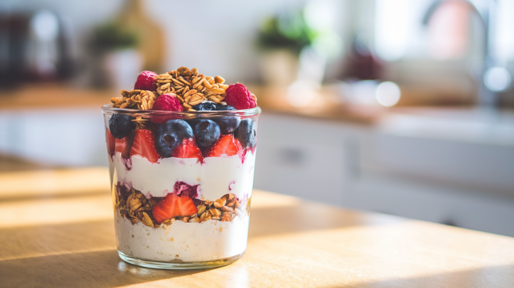 A vibrant parfait layered in a clear glass jar. The bottom layer is cottage cheese, followed by fresh mixed berries like strawberries, blueberries, and raspberries. Topped with granola and a drizzle of honey. The setting is a bright, cozy kitchen with sunlight streaming in.