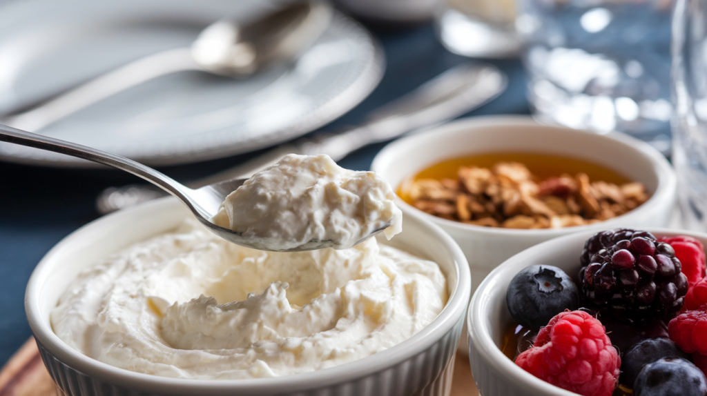 A close-up of cottage cheese with a spoon, highlighting its creamy, thick texture. Surrounding it are bowls of fresh berries, granola, and honey, ready to be assembled into a parfait.