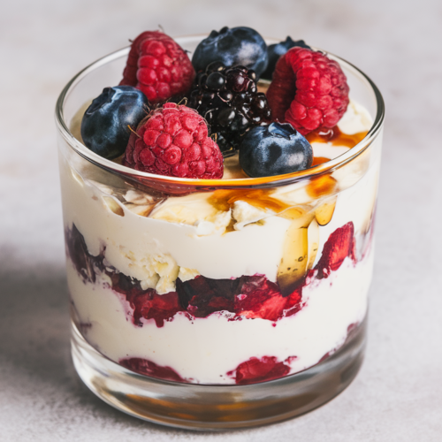 A neatly layered cottage cheese and berry parfait in a clear glass with vibrant berries and a honey drizzle on top.