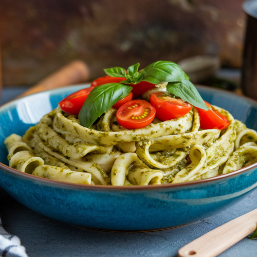 A photo of a vibrant bowl of Cottage Cheese Pesto Pasta. The pasta is topped with cherry tomatoes and fresh basil. The bowl is placed in a cozy kitchen setting. There are wooden utensils and a pot near the bowl. The background has a rustic texture.