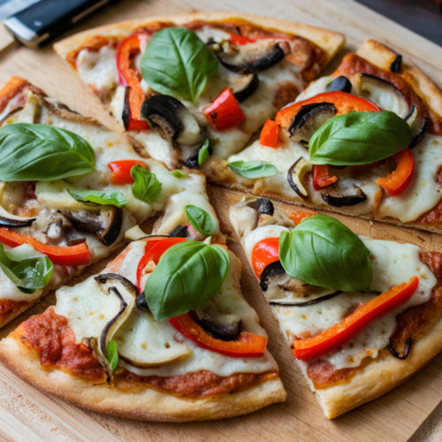 A photo of a sliced cottage cheese veggie pizza on a wooden cutting board. The pizza has a golden-brown crust, and is topped with melted cheese, grilled vegetables, and fresh basil leaves. The vegetables include red bell peppers, green bell peppers, onions, and mushrooms. The pizza is served on a wooden cutting board, with a knife beside it. The background is a kitchen with a few utensils.