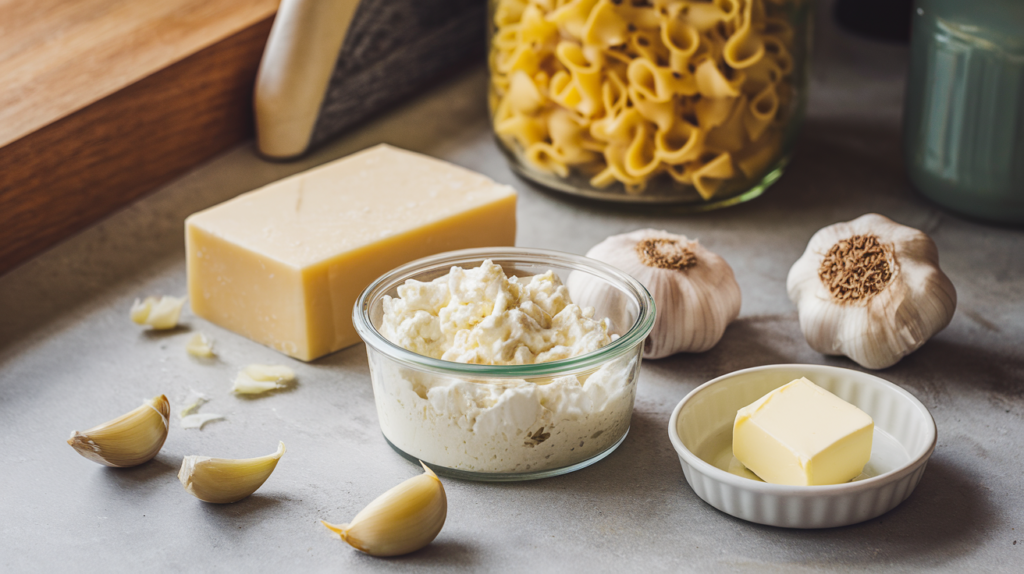 A photo of a countertop with the key ingredients for Alfredo sauce. There is a container of cottage cheese, a block of Parmesan cheese, garlic cloves, and a small dish of butter. In the background, there is a jar of pasta.