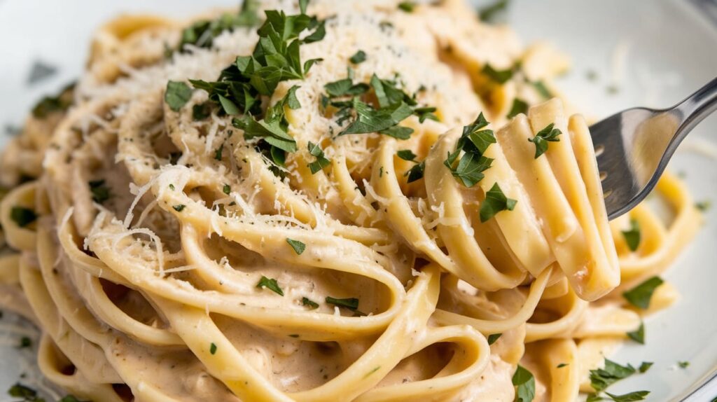 A photo of a close-up of fettuccine coated in a creamy cottage cheese Alfredo sauce, topped with freshly grated Parmesan and chopped parsley, set on a white plate with a fork twirling the pasta. The background is blurred, revealing a rustic wooden table and a few green herbs.