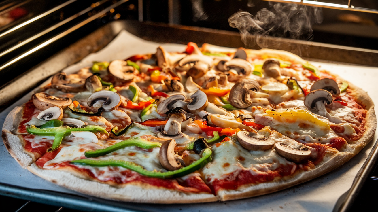 A photo of a veggie pizza baking in an oven. The pizza is on a tray and has a variety of vegetables such as mushrooms, onions, and peppers. The cheese on top is bubbling and has a golden-brown color. The crust is also turning golden brown at the edges. Smoke is visible above the pizza, indicating the high heat of the oven.