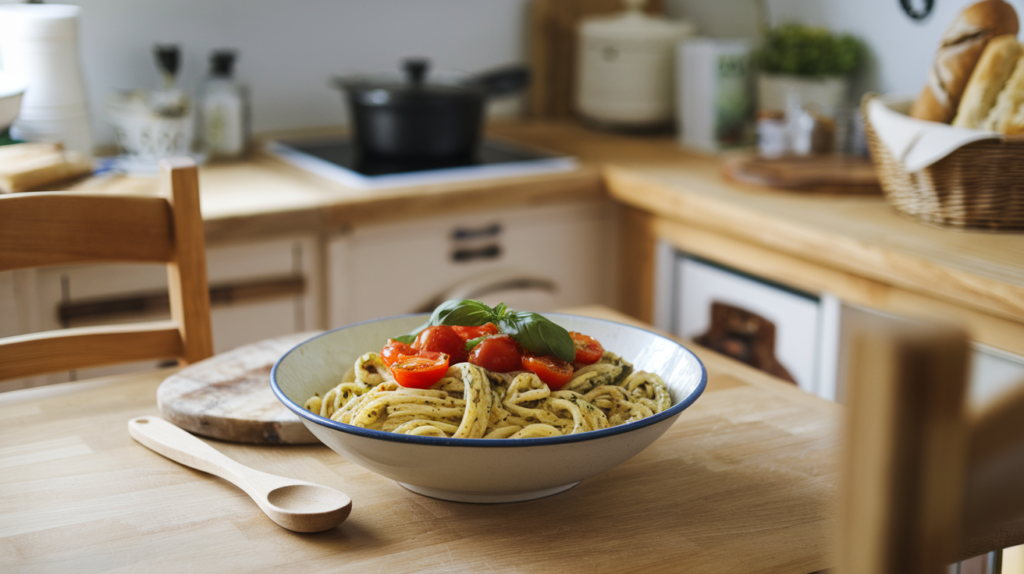 A photo of a cozy kitchen with a wooden table and chairs. There's a bowl of cottage cheese pesto pasta on the table. The pasta is topped with cooked cherry tomatoes and fresh basil. There's a wooden spoon beside the bowl. The background contains a few kitchen items like a pot, a pan, and a basket of bread. The overall atmosphere is warm and inviting.