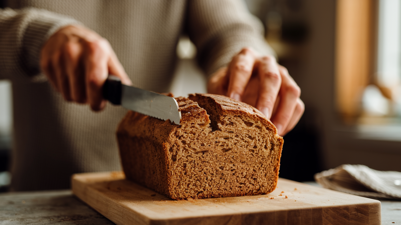 A hands-on shot of a man slicing a loaf of dense yet moist bread. The bread is placed on a wooden board. The man is wearing a beige sweater. The background is blurred and contains a few kitchen items and a window. The lighting is warm.