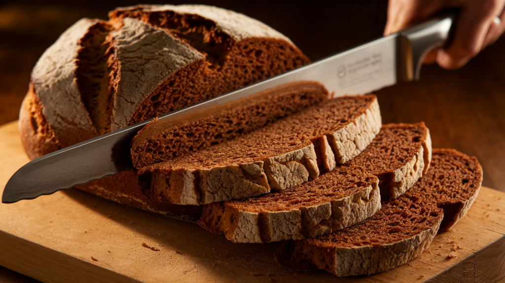 A hands-on shot of slicing a loaf of dense, yet moist bread. Each slice reveals the bread's rich, golden-brown crust. The bread is placed on a wooden board. A knife is positioned on the board, ready to cut the next slice. Warm lighting illuminates the scene, casting soft shadows and highlighting the bread's texture.