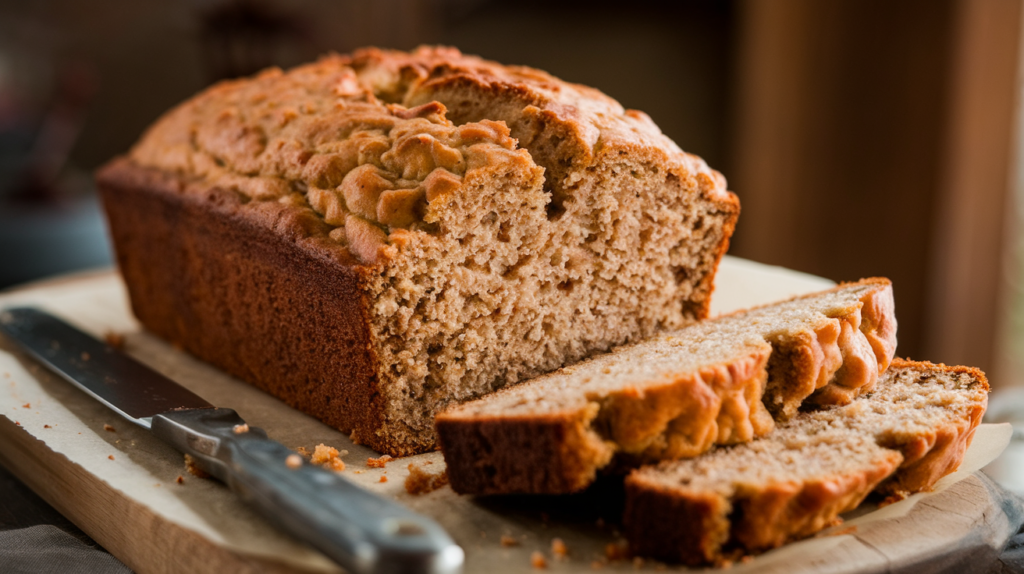 A photo of a warm loaf of cottage cheese banana bread, sliced and placed on a wooden board. The bread has a golden crust and a tender inside. A knife is placed alongside the bread, and there are crumbs scattered on the board. The background is blurred, showing a rustic setting.