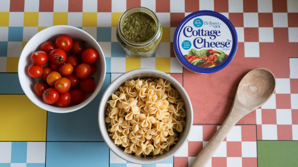 A photo of an artistic arrangement of the ingredients for Cottage Cheese Pesto Pasta on a bright and vibrant kitchen counter. There's a bowl of pasta, a jar of pesto, a container of cottage cheese, and a bowl of cherry tomatoes. A wooden spoon and a knife are placed next to the jar of pesto. The kitchen counter has a checkered pattern.