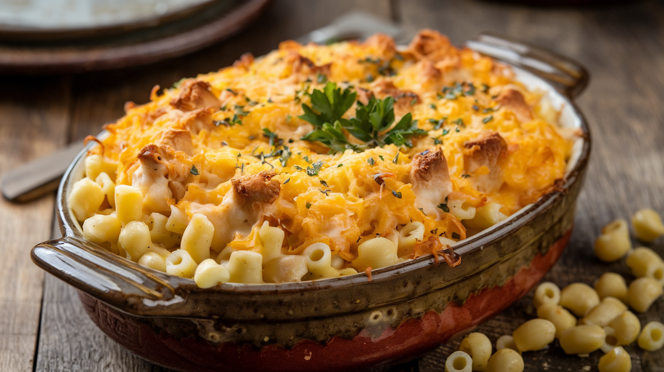 A photo of a baked dish of cottage cheese mac and cheese. It is served in a rustic ceramic baking dish on a wooden table. The top of the dish is golden and bubbly. There is a sprinkle of parsley on top. Some pasta is spilling out of the dish. The background is blurred and contains a few more dishes.