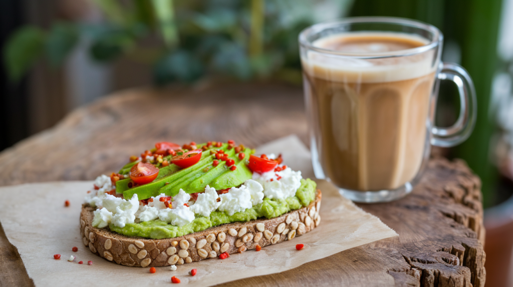 A beautifully styled breakfast scene featuring a slice of whole grain toast topped with creamy cottage cheese, mashed avocado, and colorful toppings like cherry tomatoes and red pepper flakes, on a rustic wooden table with a cup of coffee beside it.