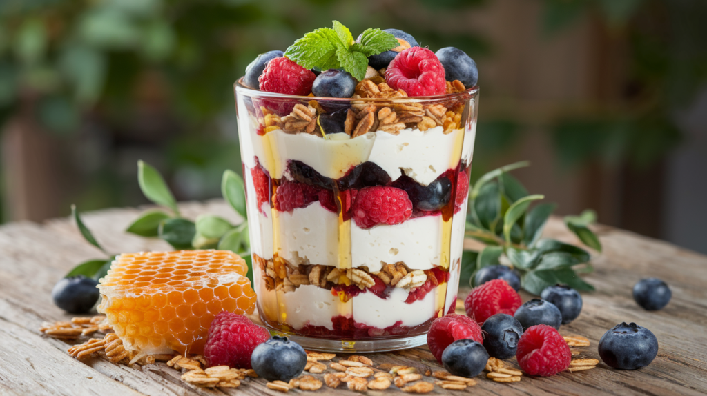 A completed cottage cheese parfait with vibrant layers of berries, granola, and honey, placed on a wooden table with fresh berries and honeycomb around it for decoration.