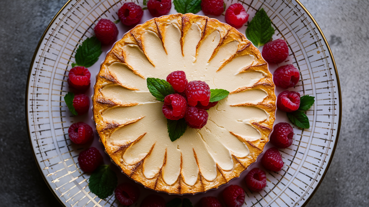 A mouthwatering top view photo of a beautifully presented cottage cheese cheesecake on a sophisticated dish. The cheesecake has a smooth, creamy texture with a golden brown top, and is surrounded by fresh raspberries and mint leaves. The dish itself is adorned with a delicate, woven pattern and a touch of gold, adding an elegant and refined touch to the presentation., photo