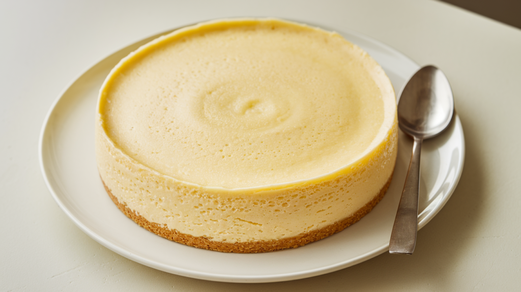 A photo of a cottage cheese cheesecake on a white plate. The cheesecake has a smooth, creamy texture and a slightly yellow hue. There is a spoon next to the plate. The background is simple and clean.