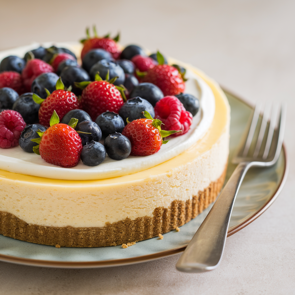 A photo of a cottage cheese cheesecake on a plate with a graham cracker crust. The cheesecake is topped with fresh berries. There's a fork next to the cheesecake. 