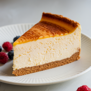 A photo of a cheesecake made with freshly squeezed juice as the base and cottage cheese and thick yogurt instead of cream cheese. The cheesecake is topped with berries and a dusting of powdered sugar. The crust is made with graham crackers.