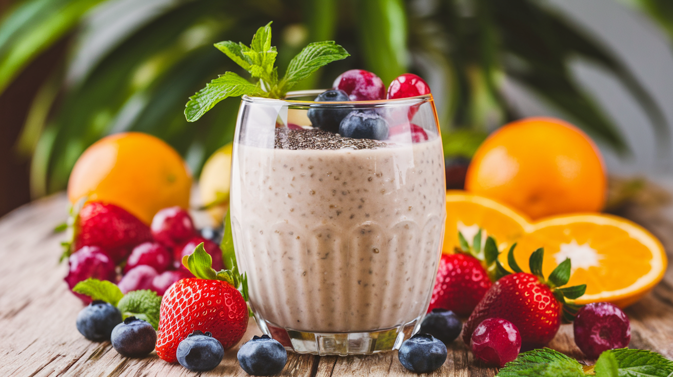 A vibrant image of a glass of cottage cheese smoothie topped with berries, chia seeds, and mint leaves. The smoothie is creamy and inviting, with a refreshing look. The glass is placed on a wooden table, which is surrounded by fresh fruits. The background is a serene outdoor setting with lush greenery.