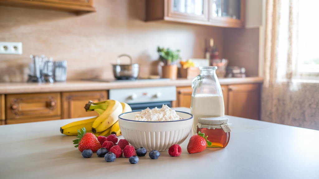 an image showing the ingredients laid out for a cottage cheese smoothie. Include cottage cheese, fresh berries, bananas, honey, and almond milk in a kitchen setting with natural light.