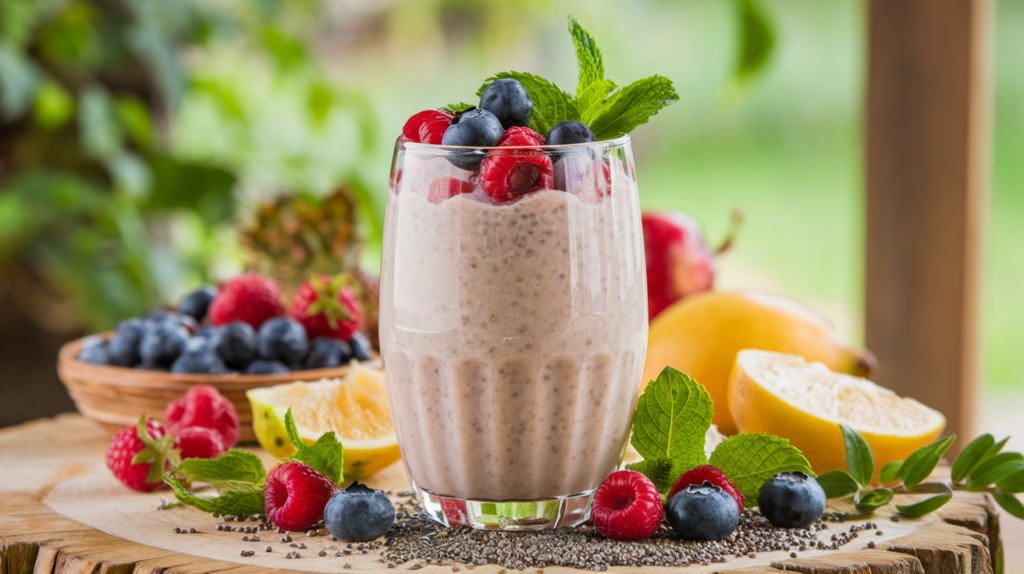 A vibrant image of a glass of cottage cheese smoothie topped with berries, chia seeds, and mint leaves. The smoothie is creamy and inviting, with a refreshing look. The glass is placed on a wooden table, which is surrounded by fresh fruits. The background is a serene outdoor setting with lush greenery.