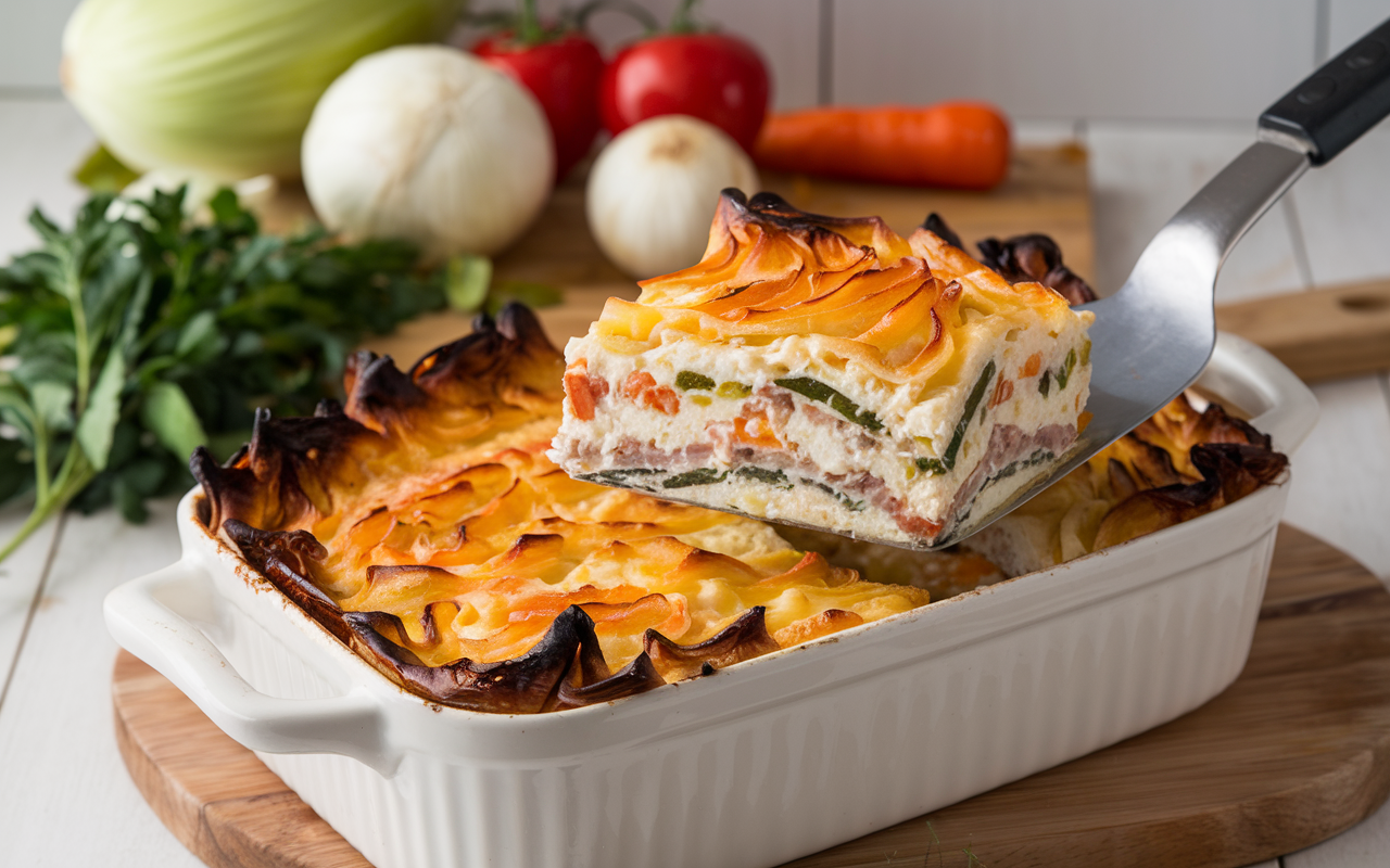 A baked casserole dish fresh out of the oven, golden brown on top, with a spatula cutting into it, revealing the layered vegetables and cottage cheese. The background should have a cozy kitchen setting, with fresh vegetables and herbs on the counter.