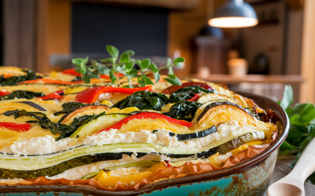 A vibrant shot of a golden-brown baked casserole, with visible layers of creamy cottage cheese, roasted vegetables like zucchini, bell peppers, and spinach, in a rustic casserole dish. Include fresh herbs on top and a wooden spoon beside it, with a cozy kitchen background.