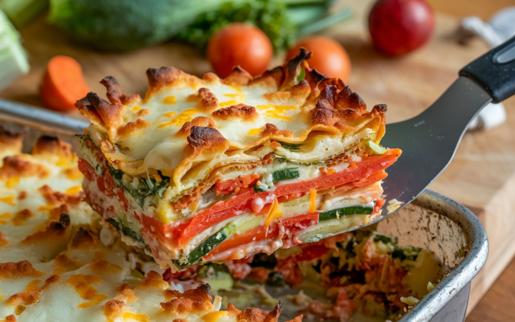 A close-up of the casserole being scooped out with a spatula, showing the layered vegetables, melted cheese, and crispy edges. Include fresh veggies scattered on a wooden cutting board in the background, giving it a wholesome, homemade feel.