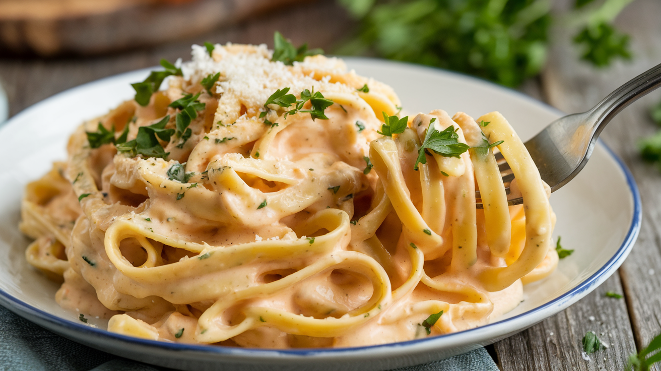 A photo of a close-up of fettuccine coated in a creamy cottage cheese Alfredo sauce, topped with freshly grated Parmesan and chopped parsley, set on a white plate with a fork twirling the pasta. The background is blurred, revealing a rustic wooden table and a few green herbs.