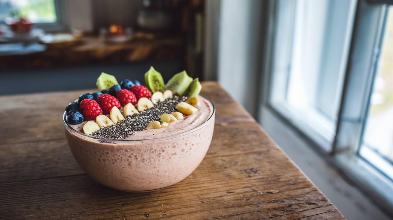 A beautifully arranged smoothie bowl on a wooden table, showcasing a creamy base topped with a variety of fresh fruits, nuts, and chia seeds. The background features a rustic kitchen setting with natural light pouring in through the window.