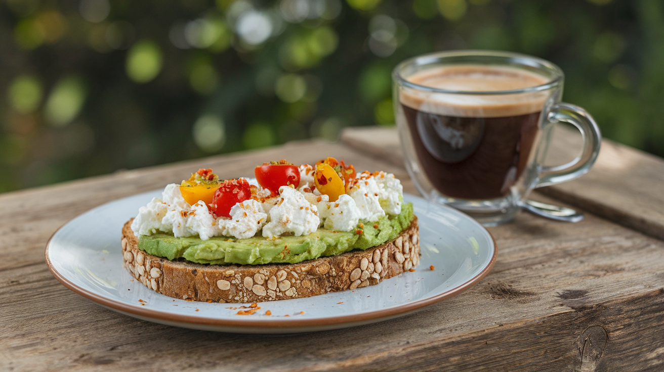 A beautifully styled breakfast scene featuring a slice of whole grain toast topped with creamy cottage cheese, mashed avocado, and colorful toppings like cherry tomatoes and red pepper flakes, on a rustic wooden table with a cup of coffee beside it.