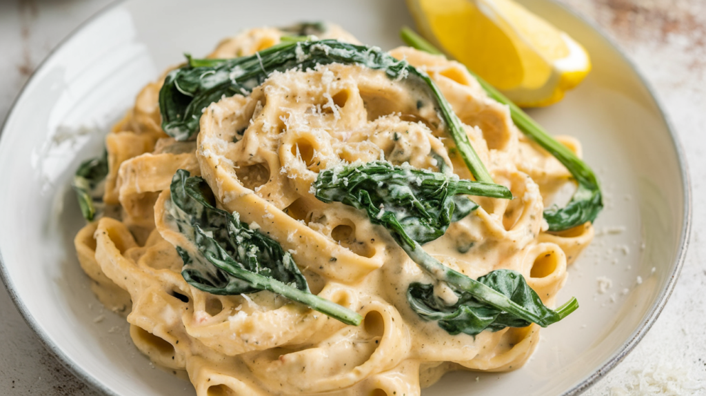 A beautifully plated dish of creamy garlic spinach cottage cheese pasta. The pasta is coated in a rich, creamy sauce, garnished with wilted spinach and a sprinkle of grated Parmesan cheese. The dish is presented on a white plate with a rustic background, and a wedge of lemon is placed beside it for a pop of color. The overall feel is fresh, inviting, and comforting, highlighting the creamy texture and vibrant greens.