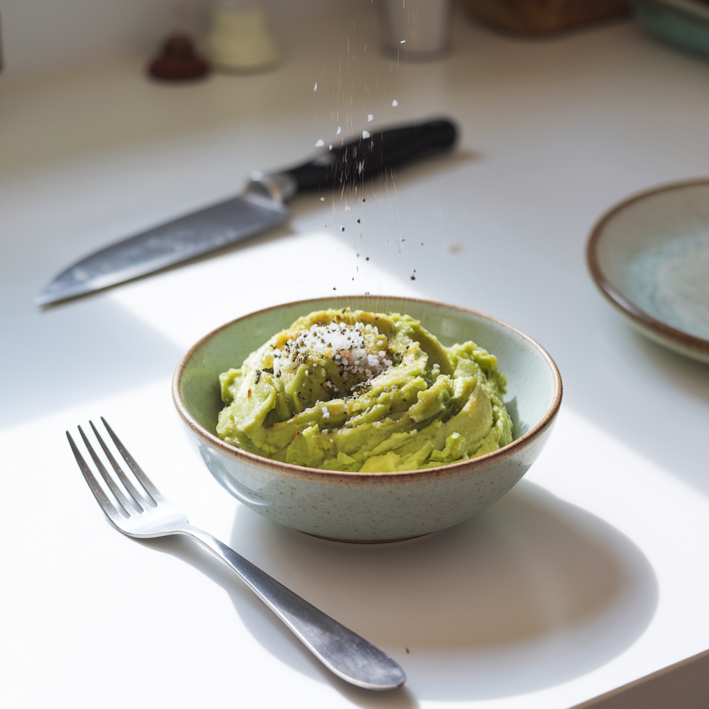 A close-up shot of mashed avocado in a bowl being seasoned with salt and pepper, with a fork ready to mash, set on a bright kitchen counter.