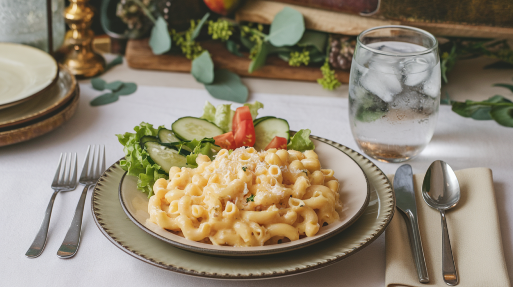 A photo of a cozy dinner table scene with a serving of cottage cheese mac and cheese on a plate. The mac and cheese is cheesy, creamy, and comforting. There is a simple salad with lettuce, tomatoes, and cucumbers. There is a glass of water with ice. The table has a white tablecloth and is set with a beige plate, a fork, a knife, a spoon, and a napkin. The background has a rustic decor with wooden elements and greenery.