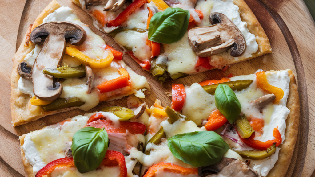 A photo of a baked cottage cheese veggie pizza sliced and served on a wooden cutting board. The pizza has a golden crust with a layer of cottage cheese and a variety of vegetables, including mushrooms, bell peppers, and onions. The vegetables are cooked until tender and have a vibrant color. There is melted cheese on top of the vegetables, and fresh basil leaves are used as a garnish.