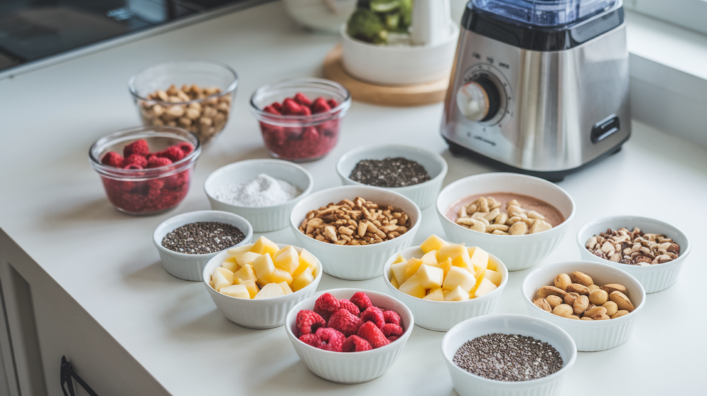 A spread of toppings for the smoothie bowl on a clean white countertop, featuring bowls of chopped fruit, nuts, and chia seeds with a blender in the background, suggesting customization possibilities.